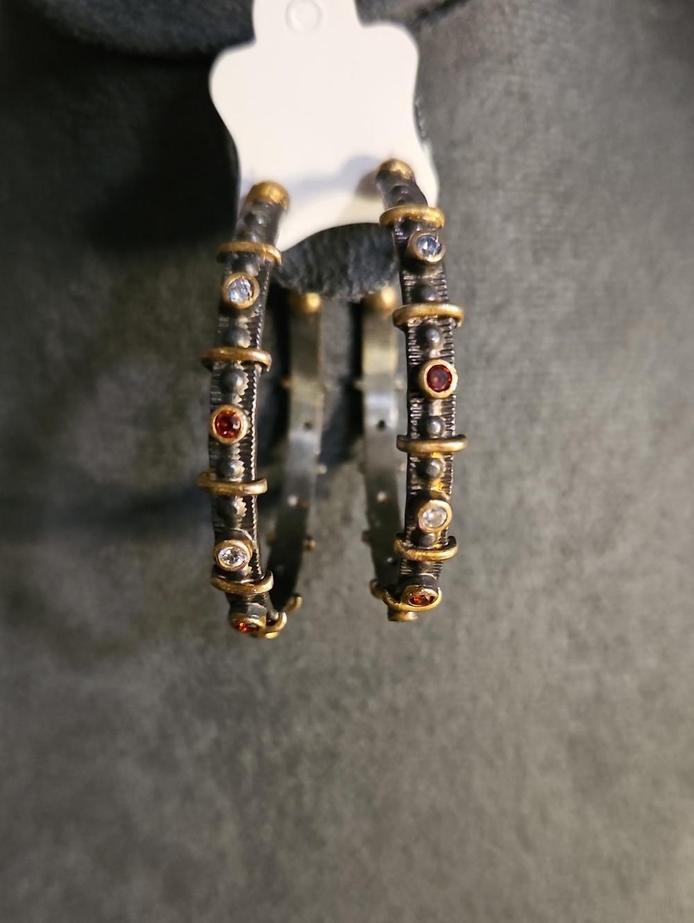 Antique-Inspired Black and Gold Hoop Earrings with Red and Clear Stones